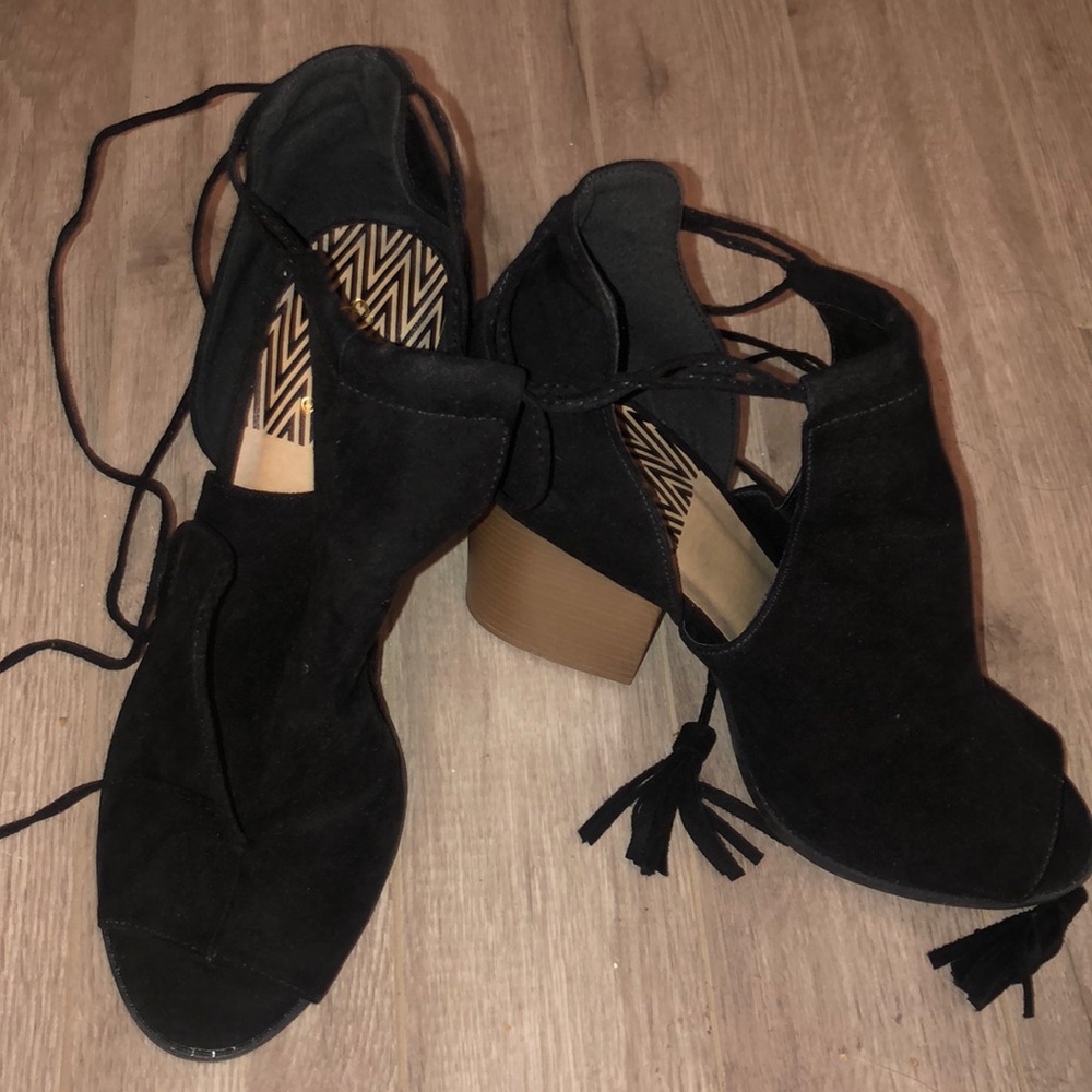 Urban Outfitters Black Suede Laced Peep Toe Wedge